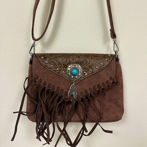 Lavawa Embossed Turquoise Concho Fringe Studded Crossbody Bag